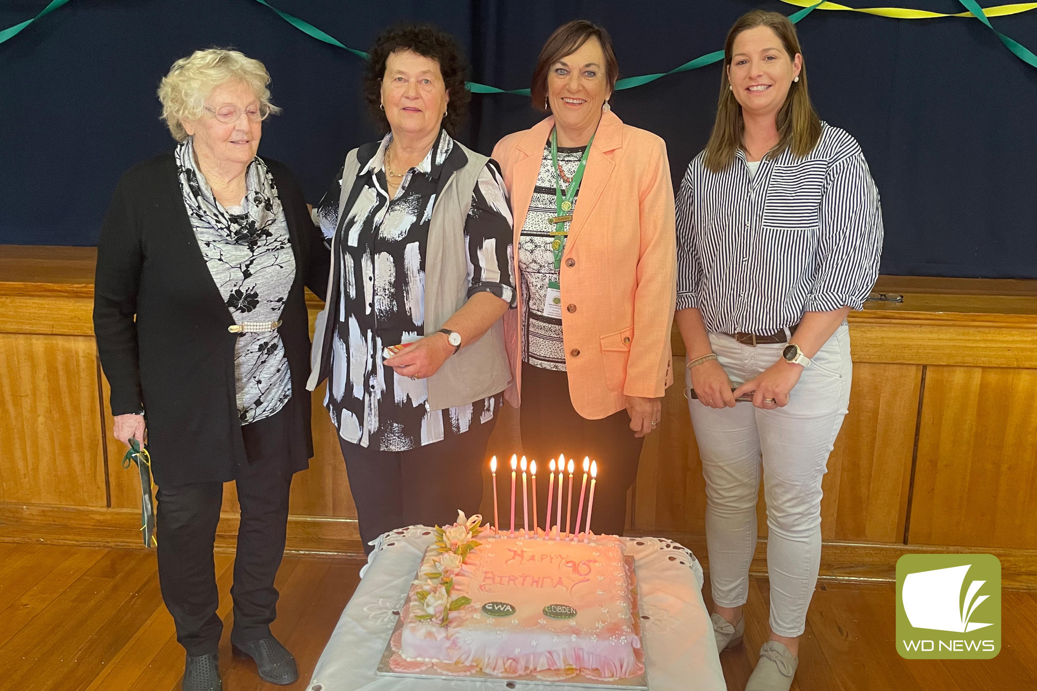 Cobden CWA member Doreen Sullivan and Netty Hose with CWA group secretary Marilyn Richards and Corangamite Shire mayor Kate Makin at the birthday celebrations on Monday.
