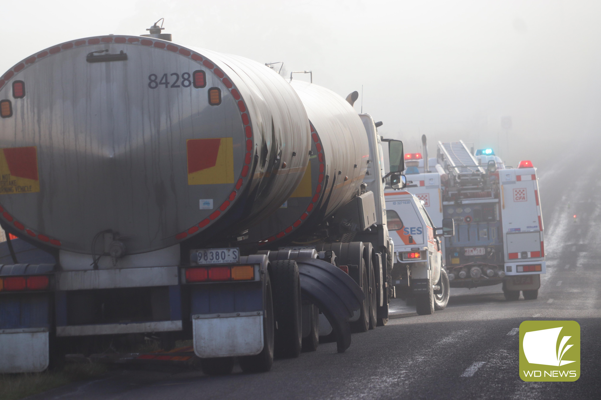 Take care: Emergency services were called to an accident scene in Cobden last Tuesday which was the result of two trucks colliding.