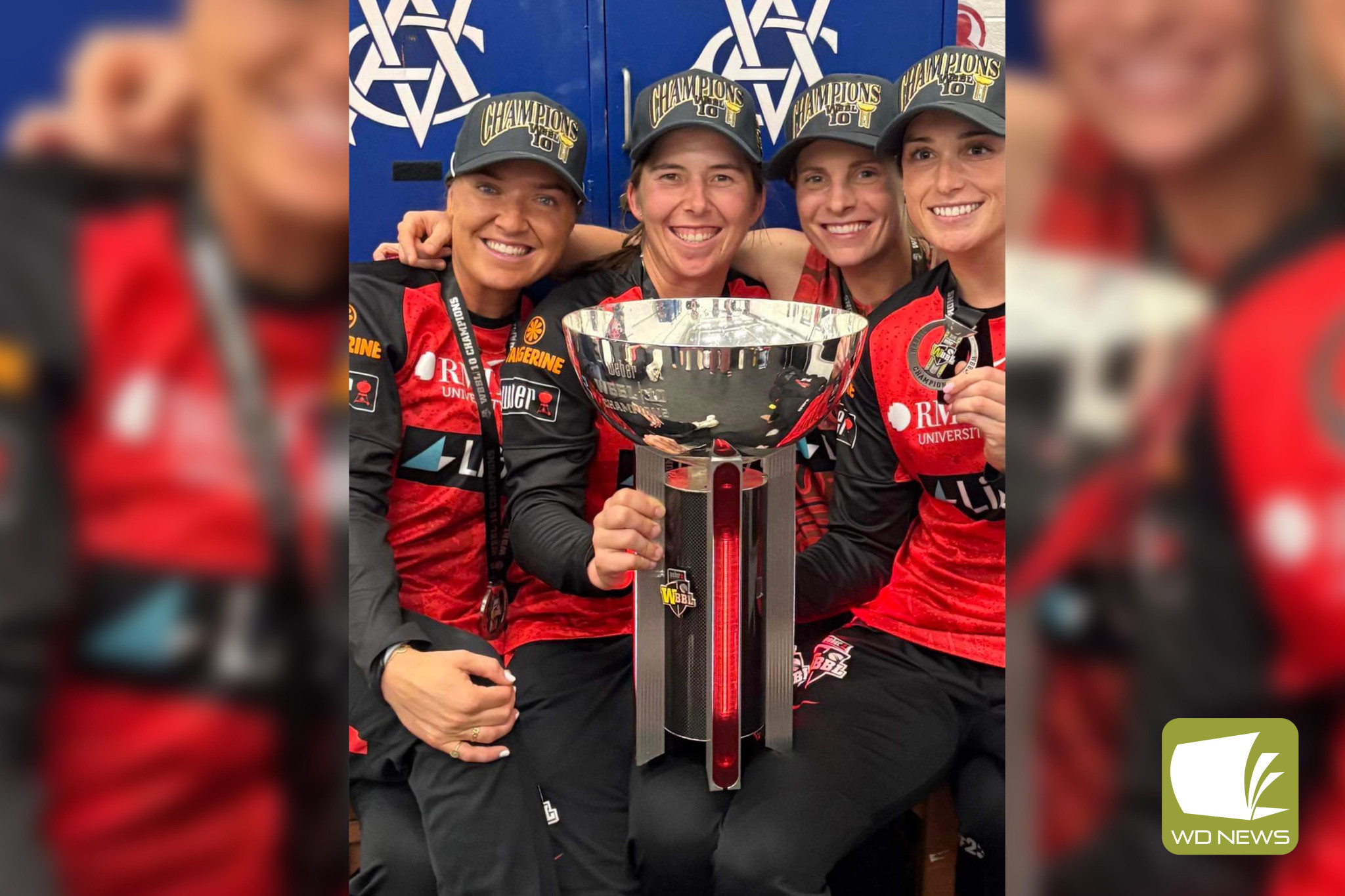 Mortlake’s Georgia Wareham (second from left) celebrates with her Melbourne Renegades team-mates Georgia Prestwidge, Sophie Molineux and Nicole Faltum after claiming the side’s first WBBL title last weekend.