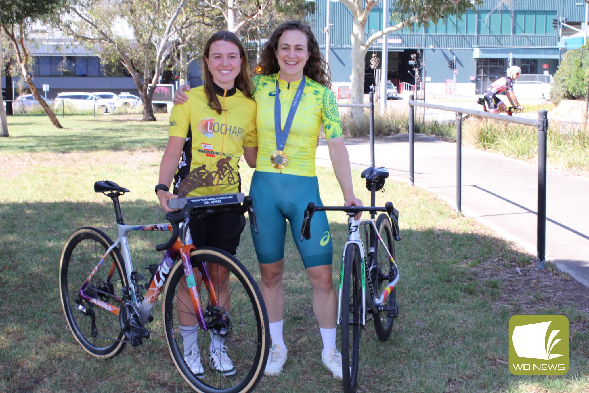 Lucie Stewart and Grace Brown helped to launch the 2025 Lochard Energy Warrnambool Women’s Cycling Classic. Photo courtesy of Nikki Pudney