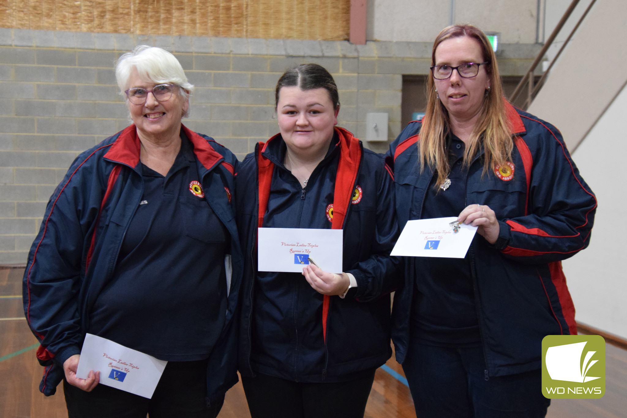 The Heytesbury side of (from left) Pam Wines, Lara Mungean and Kathryn Wines were runners-up in the VIBBA State Ladies Triples. Photo credit Tia Jayde Photography