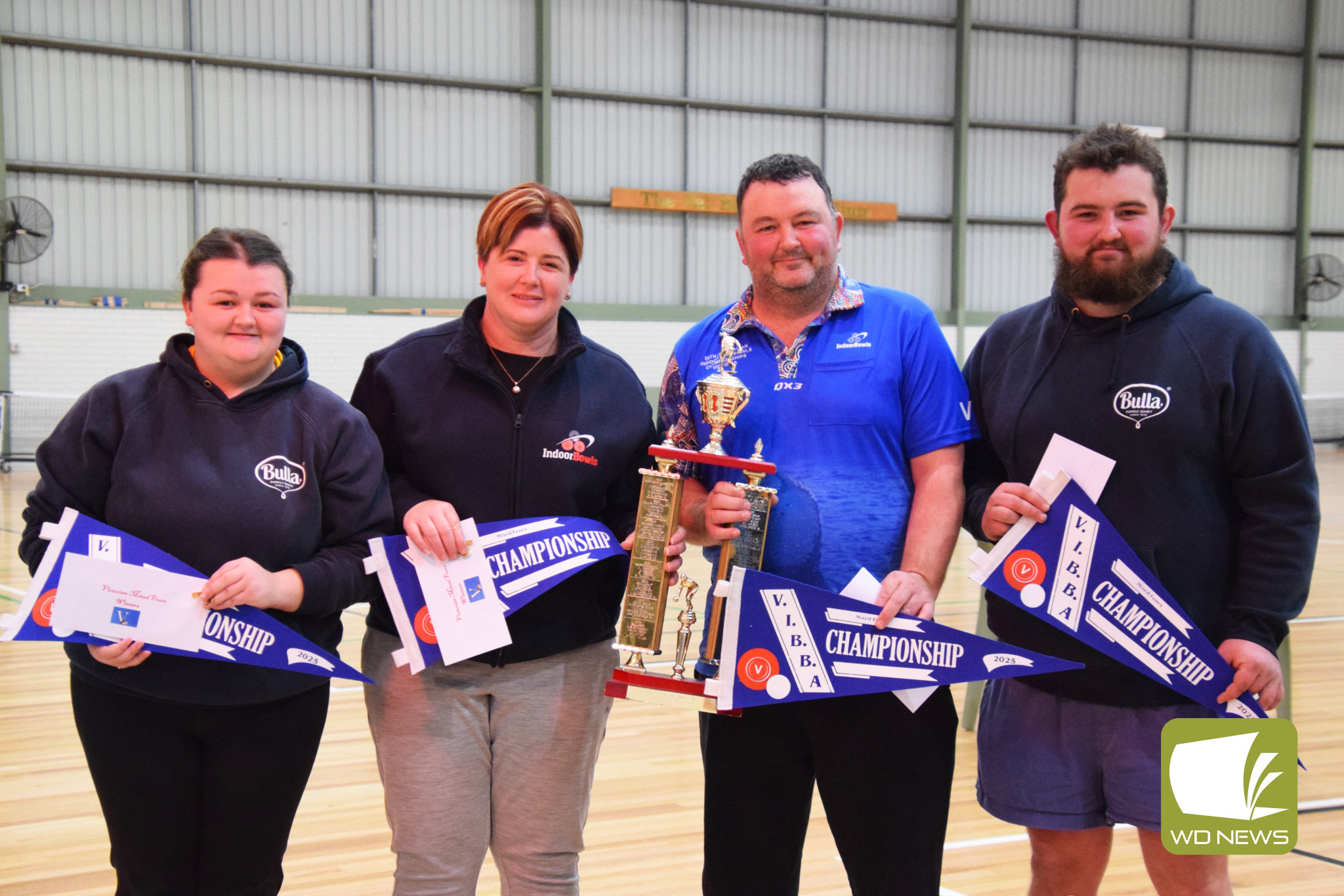 Last Saturday, the Mungean family (from left) Lara, Cherie, Brett and Noah celebrated their VIBBA (State) Mixed Fours title together at Warrnambool. Photo credit Tia Jayde Photography