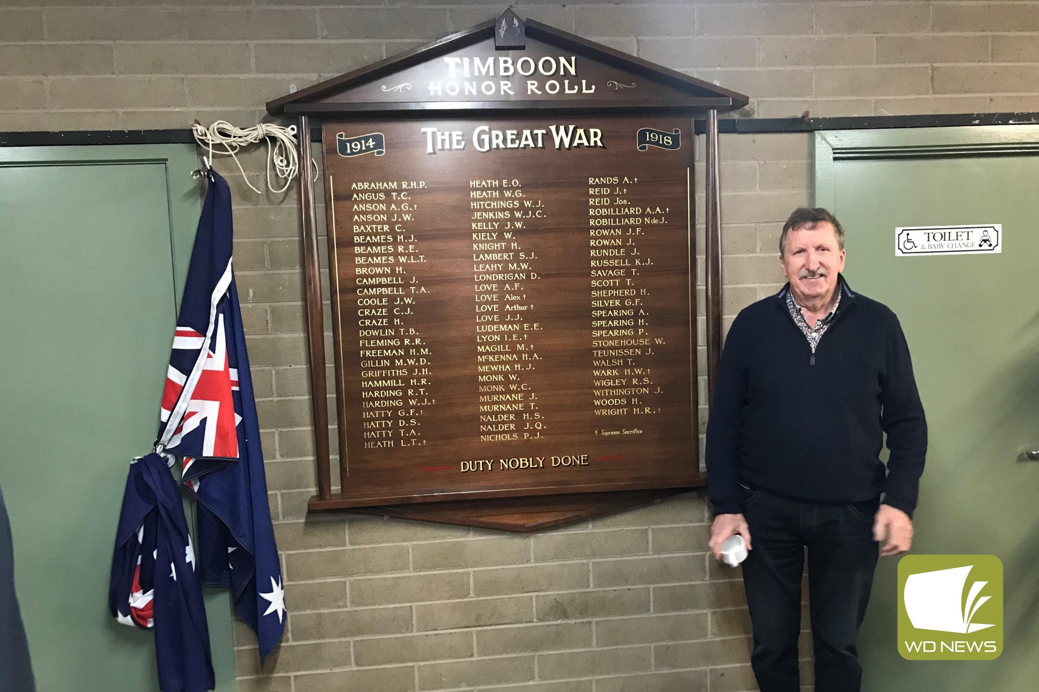 Paying tribute: Robert Marr, who built the replacement honor board for the Timboon hall, attended the unveiling earlier this month.