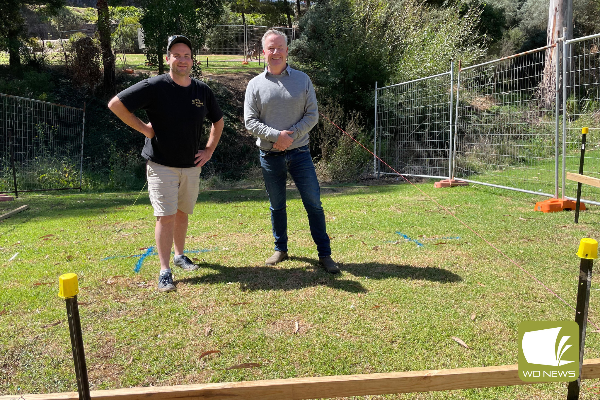 Boon for town: Timboon Railway Shed Distillery’s Josh Walker and Timboon Fine Ice Cream’s Tim Marwood look forward to the completion of a new pedestrian bridge between the two businesses being completed.