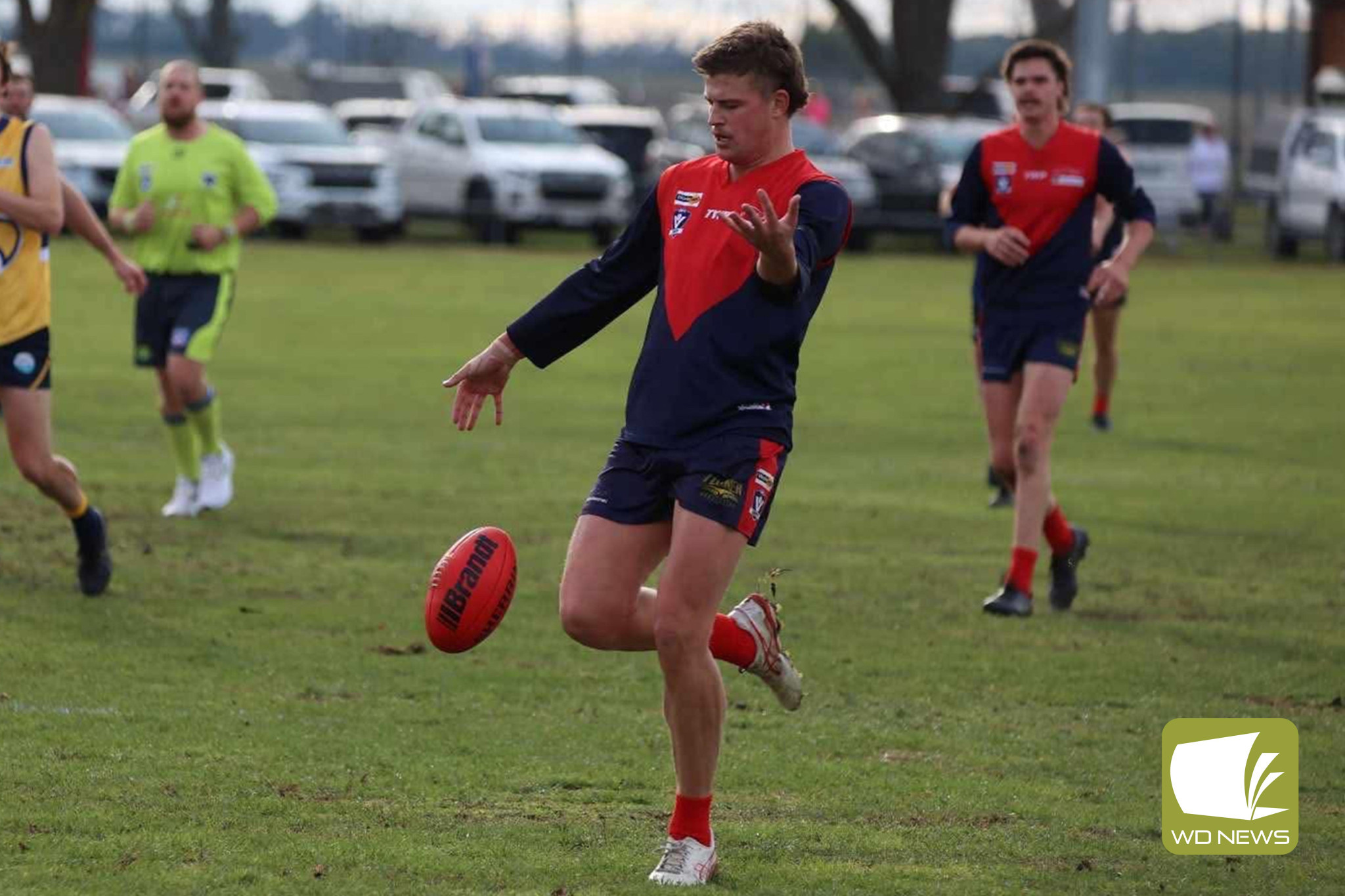 Lachie Constable kicks his 100th goal for the season. Photo courtesy Lismore Derrinallum FNC