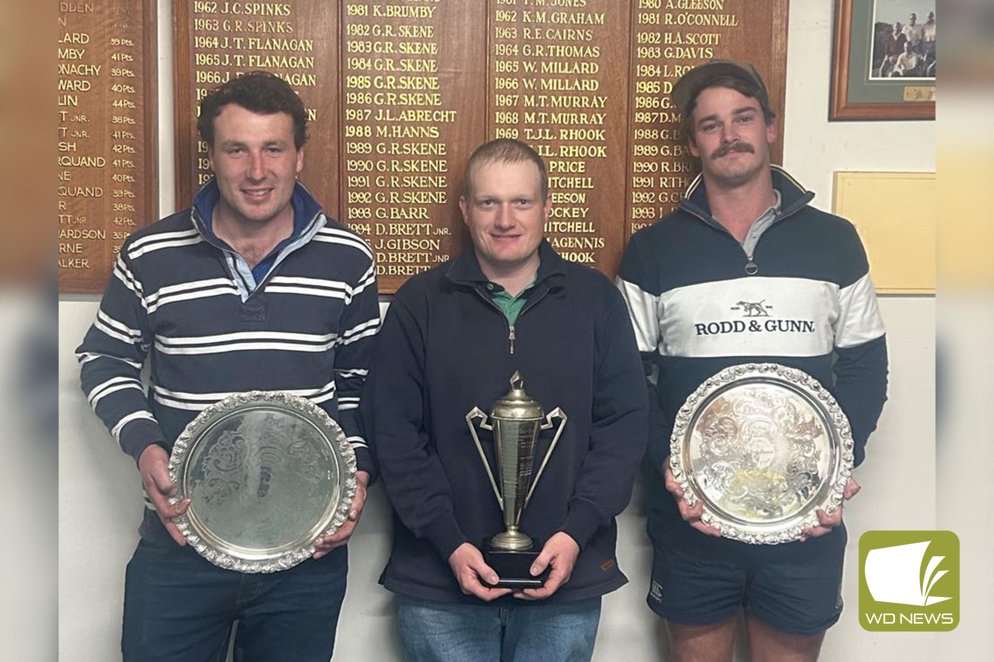 Champions Dale Marquand, Tom Brett and Jack Atkins with their silverware.