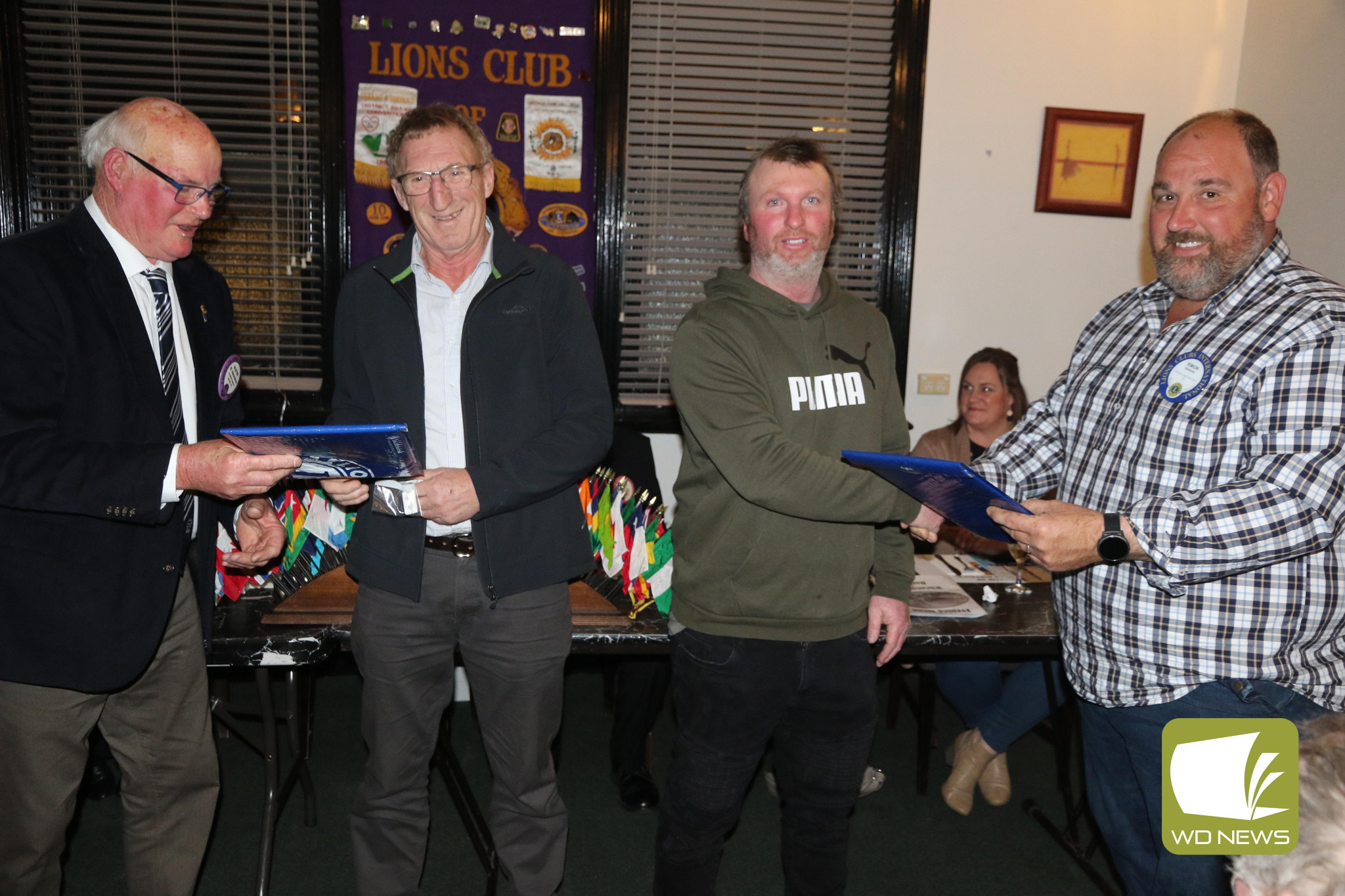 Changeover: Outgoing Terang and District Lions Club president Wayne Saunders (from left) welcomed Wayne Cole and Julian Coburn as new members with new club president Simon Delaney.