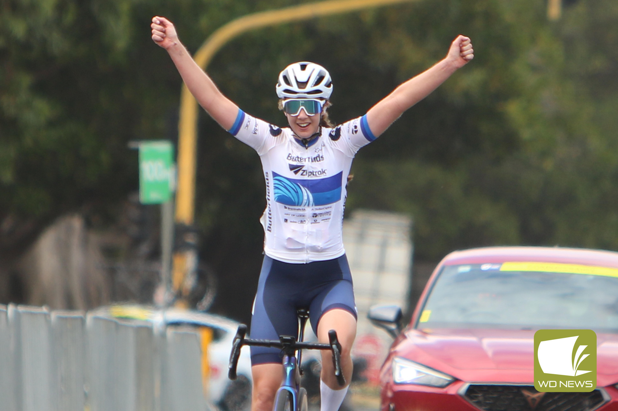 Katelyn Nicholson celebrates victory in Warrnambool.