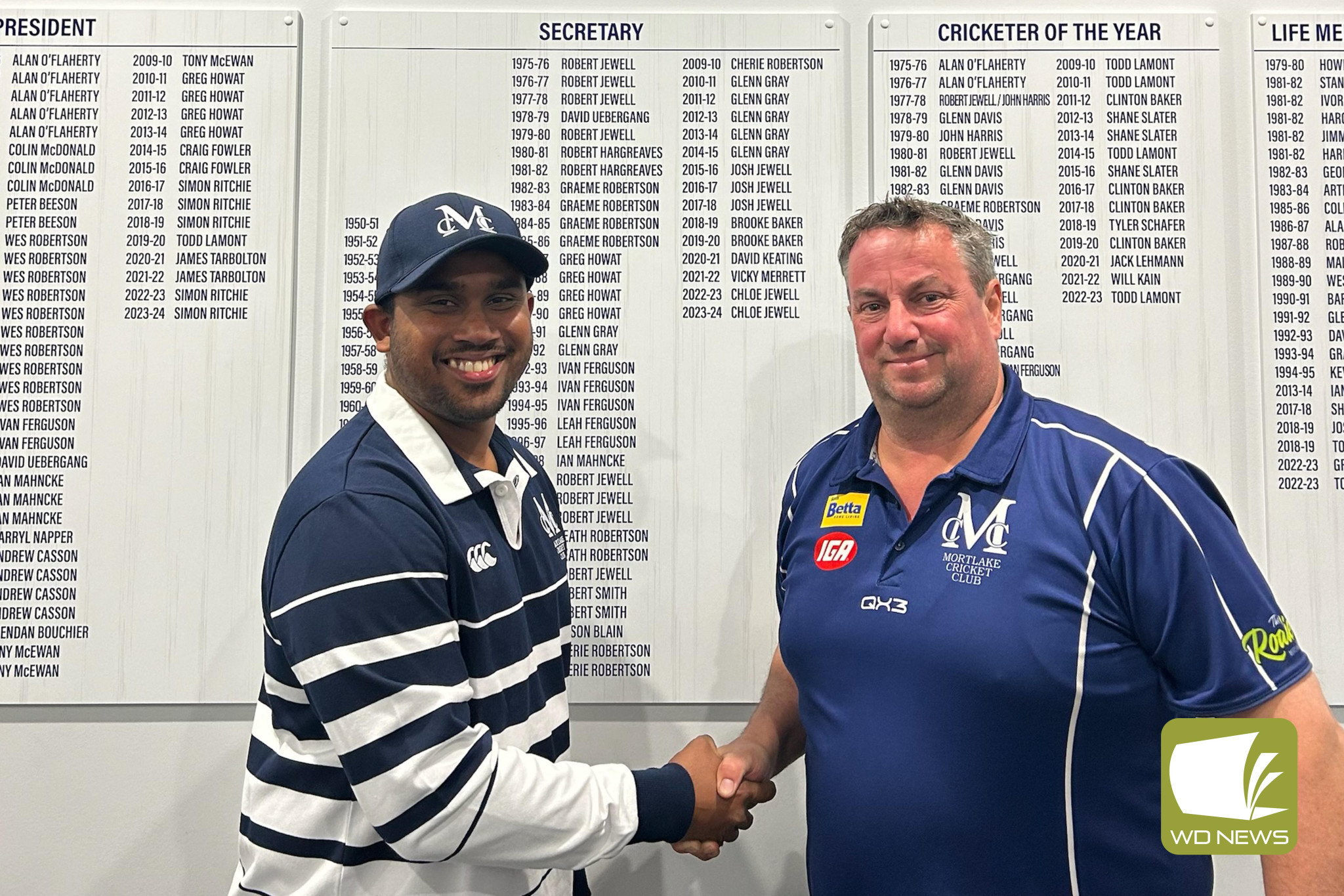 Chamika Feranando is welcomed to Mortlake Cricket Club by president Simon Ritchie.