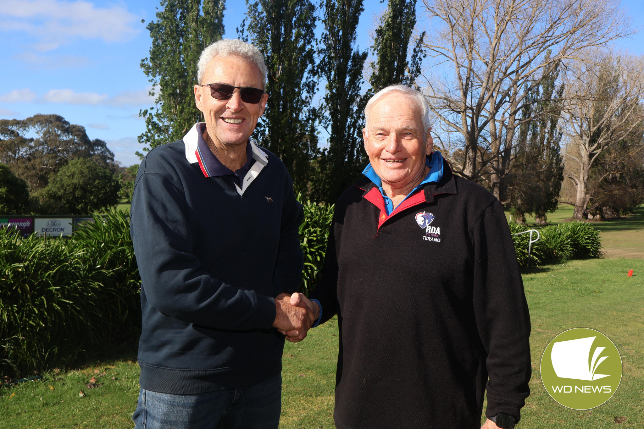 For a good cause: Terang Harness Racing Club president Chris O’Connor, pictured left with Terang Riding for the Disabled Association of Victoria vice president Ross Thomson, was thrilled to be able to host a fundraiser at the club’s most recent meet which raised in excess of $6000 for the not-for-profit’s operations over the next year.