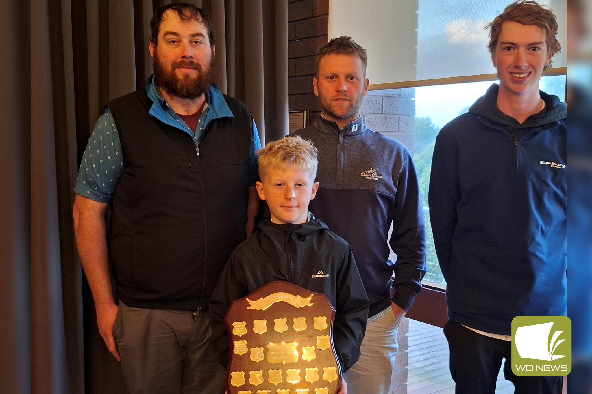 The best men’s nett score winners, Ben Mouden, Harper Rix (with shield), Sam Rix and Hayden Menzel.