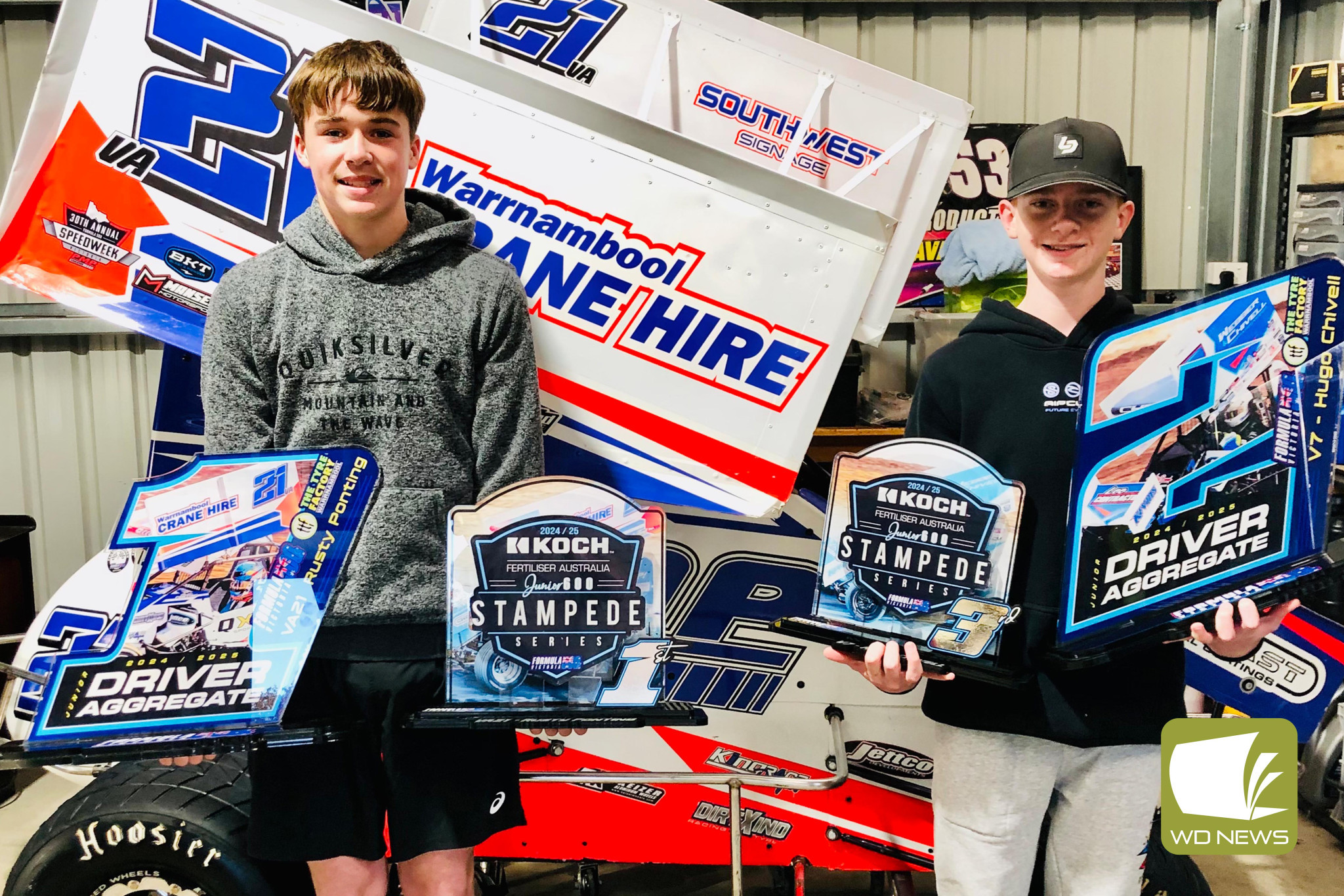 Local talent: Cobden’s Rusty Ponting and Hugo Chivell have both enjoyed a successful season on the track in the Formula 500s and were rewarded for their efforts at the recent presentation night.