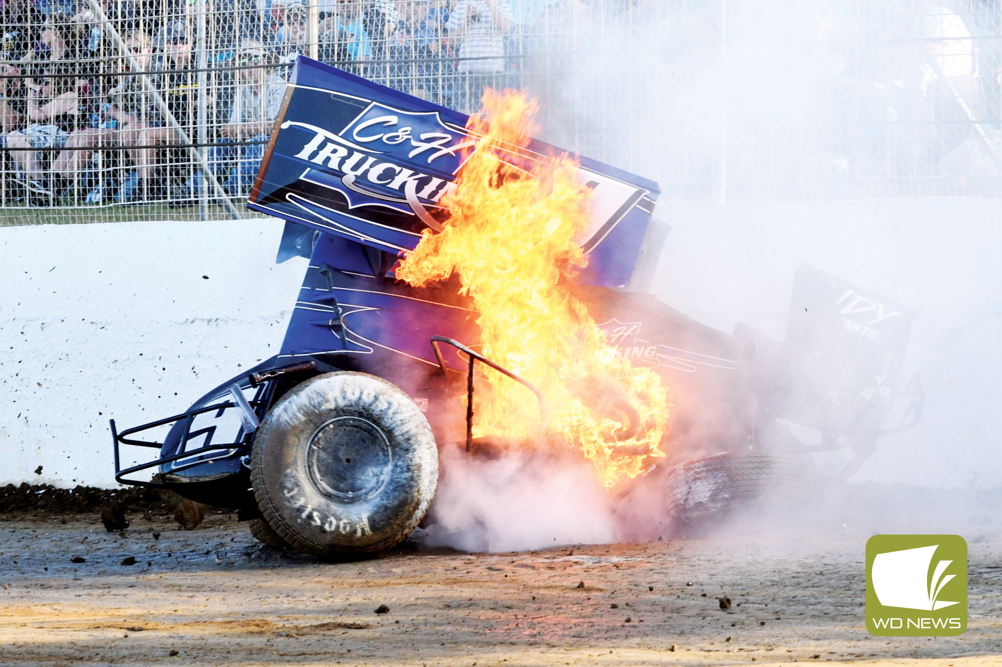 Jordan Rae found himself in the heat when his car caught fire after hitting the fence. Photos courtesy of Local Sprintcar Photography & Media.