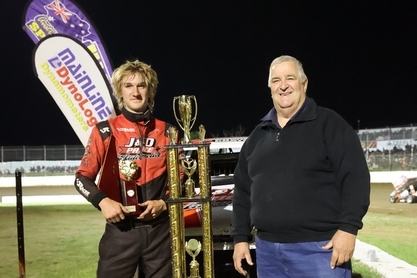 Jacob Pitcher winner of the Super Rods annual ‘Snoopy’s Slam’ with John ‘Snoopy’ Verhoeven.