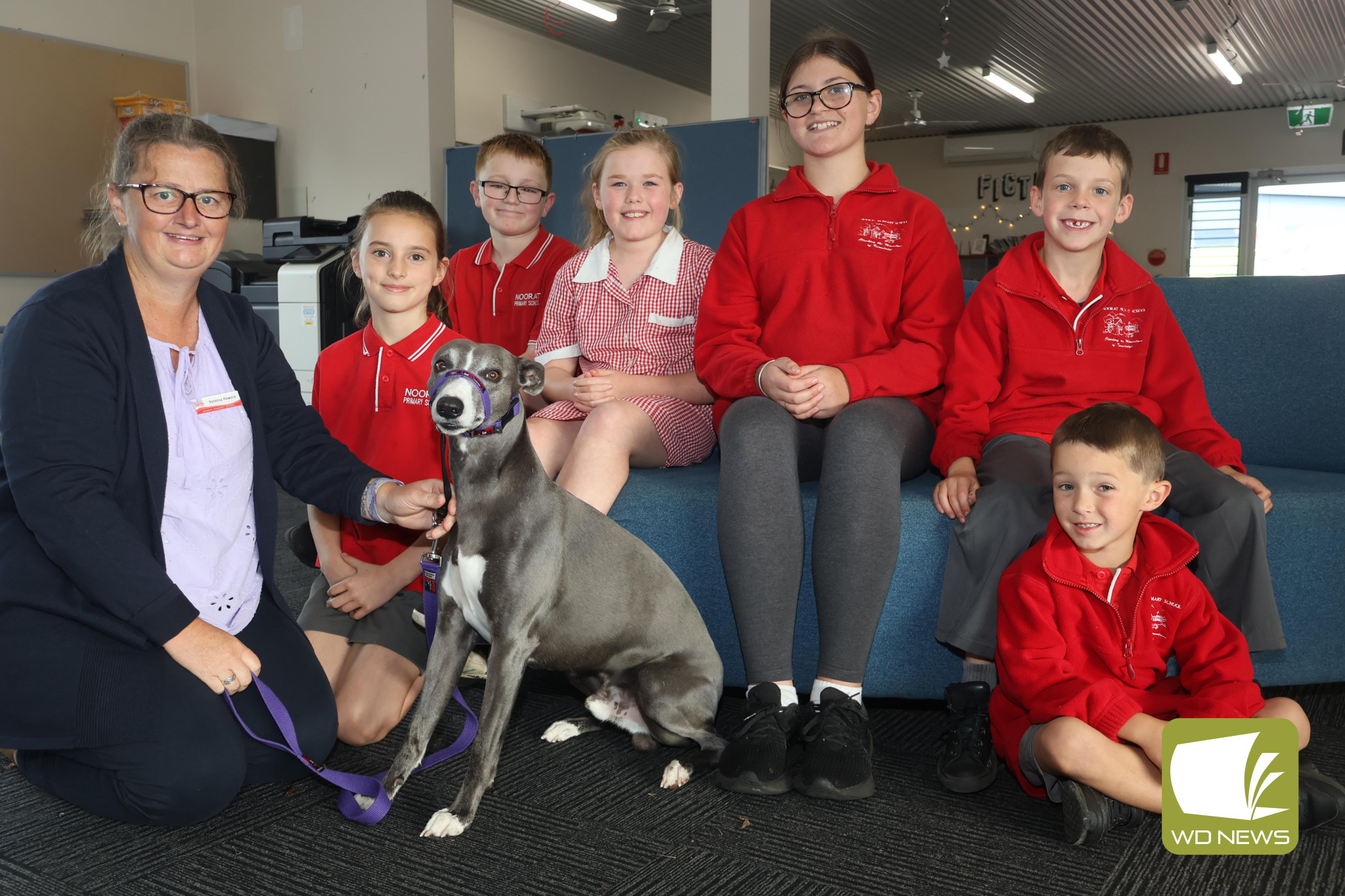 New addition: Noorat Primary School students welcomed animal-assisted therapy dog Spud in to the classroom this week, who will, with the support of education support staff member Vanessa Howard, help to make the learning environment at school as positive as it can be.