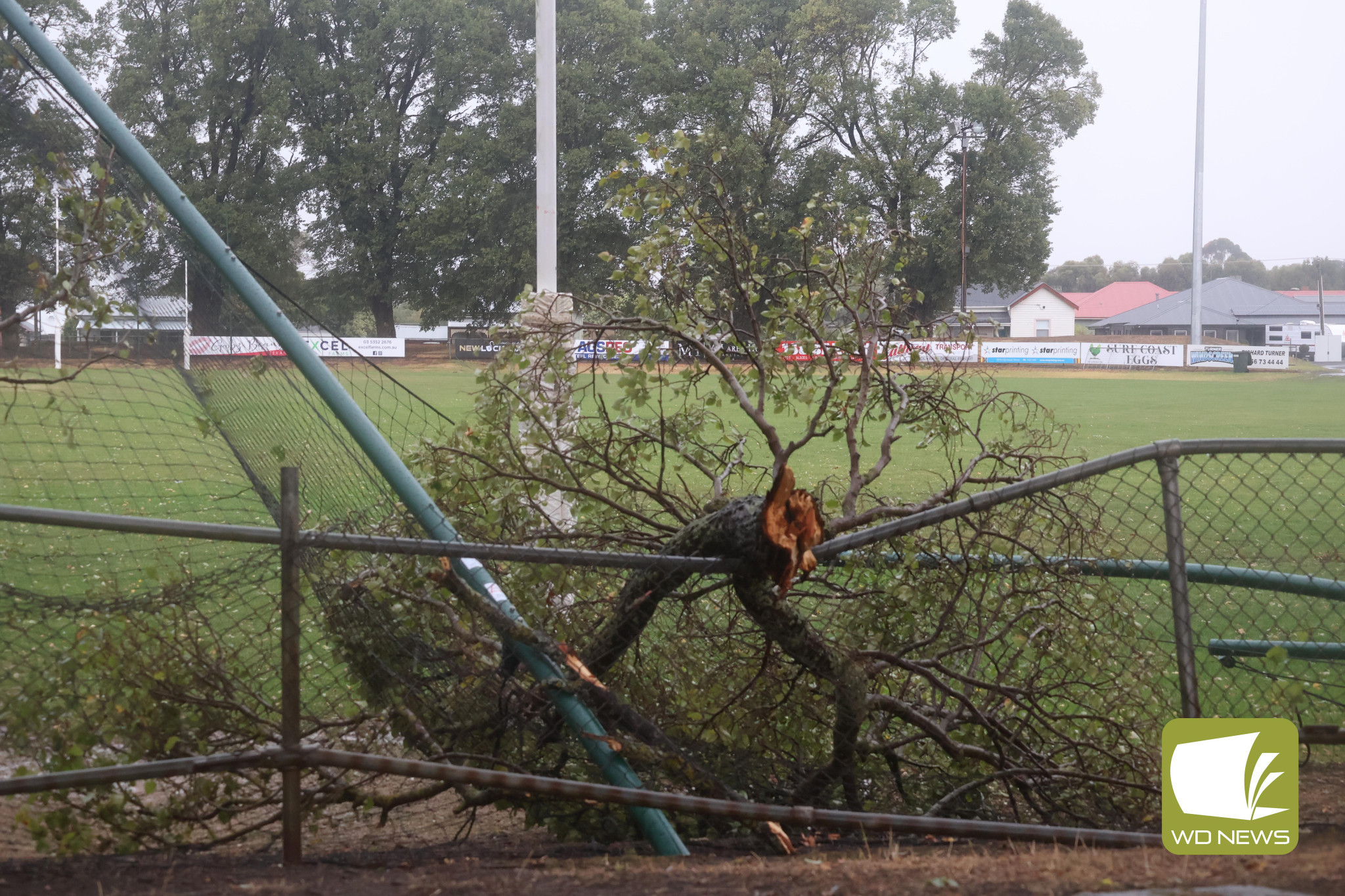 Damage: The netting behind the goals at Terang Recreation Reserve was damaged during this week’s storm.