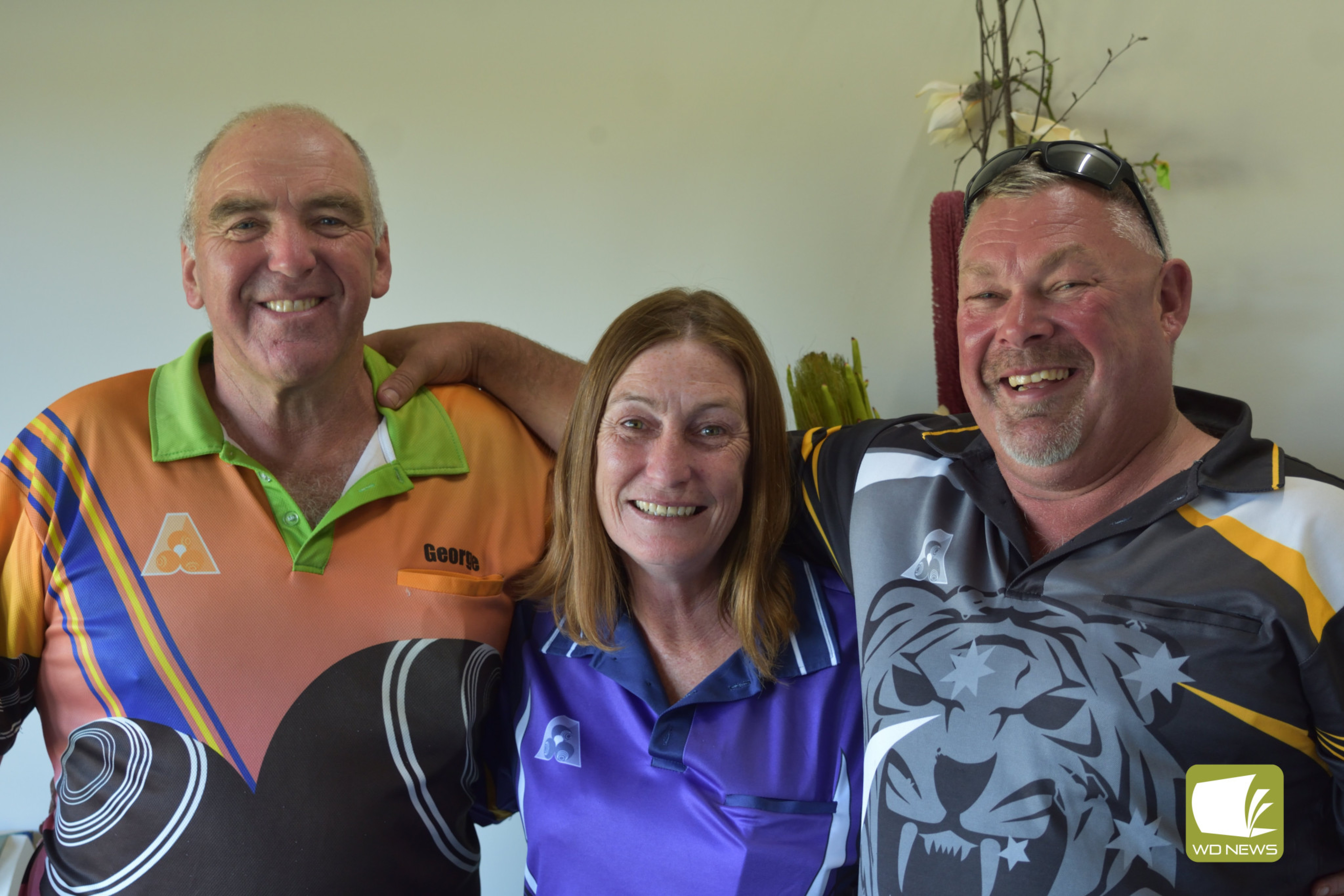 Winners of the Mortlake Mixed Triples Tournament: (from left) George Draffen, Sandy McAllion and Greg Collins.