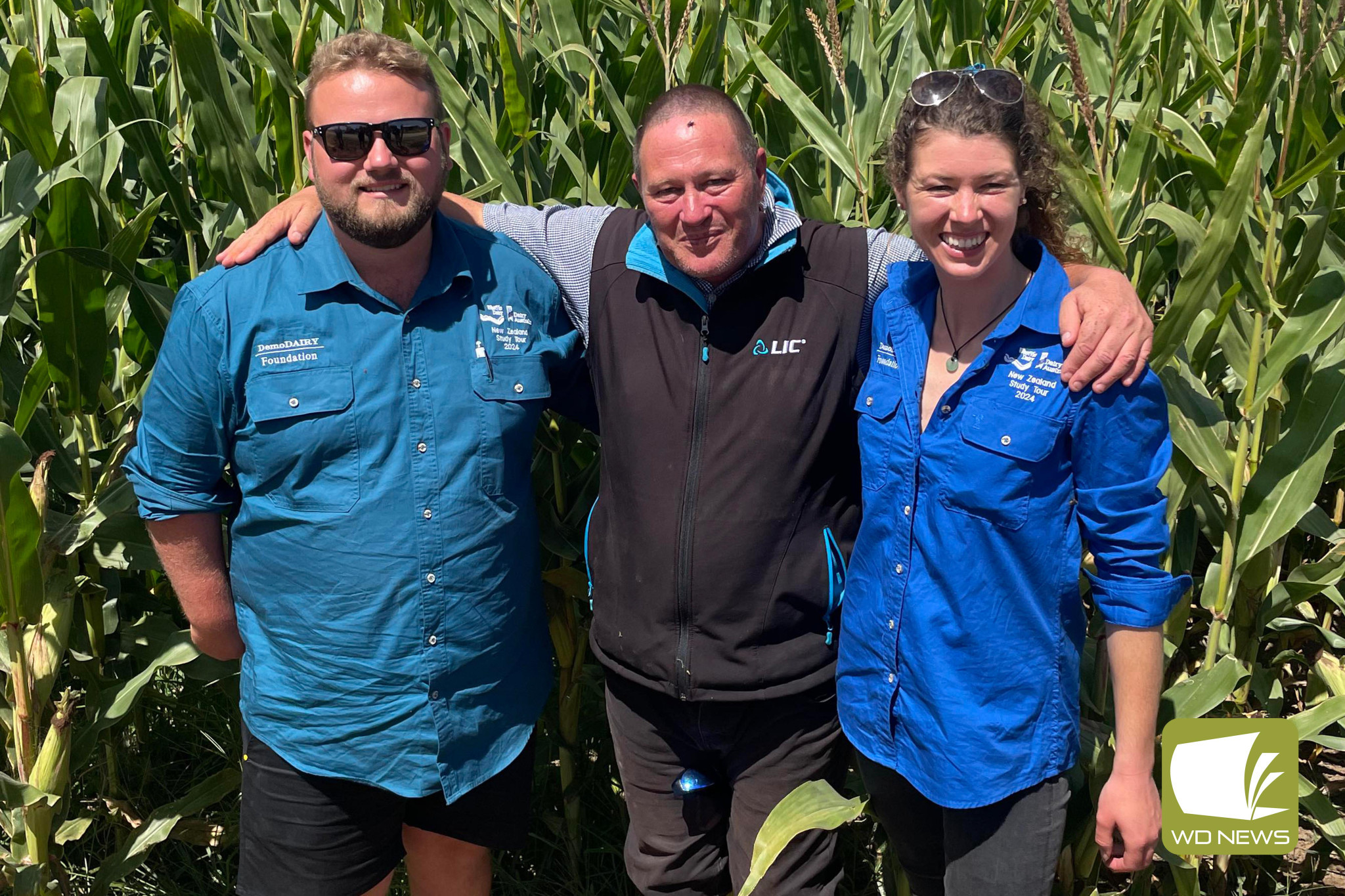 Learning experience: Third generation Jancourt East farmer Billy Buckingham travelled to New Zealand for a study tour, he is pictured with LIC district manager for Tasmania Rowan Priest and Tori Towers.