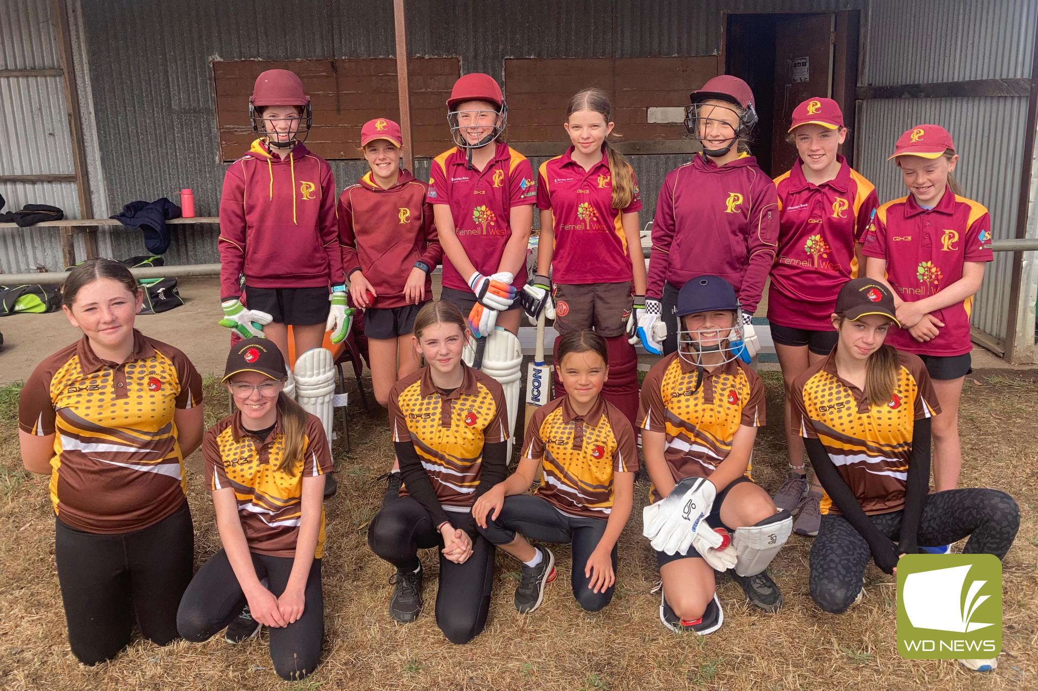 The Pomborneit and Tomahawk Creek under 13 girls who played in the historic first-ever female cricket match at South Purrumbete last Sunday.