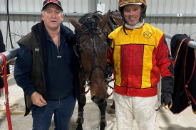 Race 1 Welcome Back Allan Driscoll Pace winner Browniesatmidnight driver Glen Craven with trainer Paddy Lee. Photo courtesy of Terang Harness Racing Club