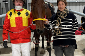 Race 2 Gibbins Livestock Transporter Pace winner Joelita driver Jason Lee with trainer Margaret Lee. Photo courtesy of Terang Harness Racing Club