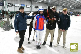 Race 2 Reknown Silverware Maiden Pace winner Shikoba Skewbald Mare and connections. Photo courtesy of Claire Weston Photography