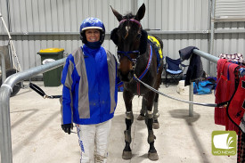 Race 3 Dick and Anne Box Memorial Maiden Trot winner Efficiency with Trainer and Driver Kerryn Manning. Photo courtesy of Terang Harness Racing Club