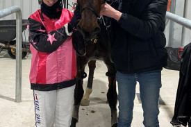 Race 4 Terang Co-Op Supa IGA 2yo Pace winner Silver Pistol driver Kate Gath with trainer Clayton Tonkin. Photo courtesy of Terang Harness Racing Club