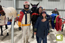 Race 7 Benstud Mares Pace winner She Will Wantano with driver Micheal Bellman and trainer Bec East Photo courtesy of Terang Harness Racing Club