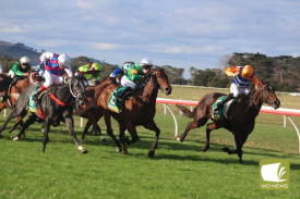 Beour Bay (green and yellow) surged home late to salute the 1206 metre Westmeath Handicap.