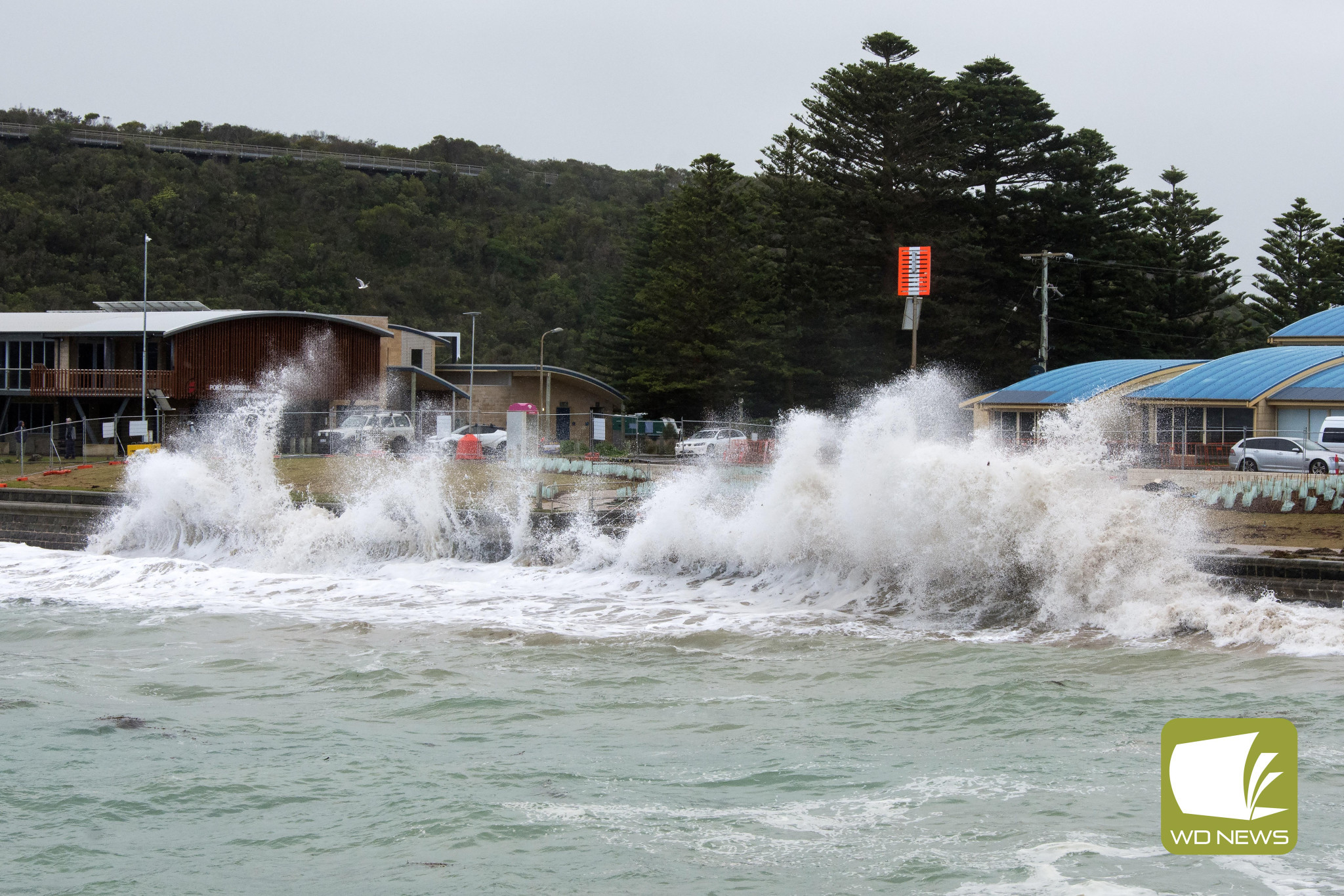 A coastal surge warning was issued along the coast, with Port Campbell’s bay copping the full brunt of large waves. Photo supplied by Raelene Wicks.